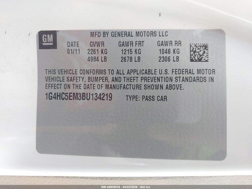 2011 Buick Lucerne VIN 1G4HC5EM3BU134219 IAAI salvage auction — RIGHT REAR, Salvage (California), sold $300 on 2026-07-09 (photo 9)