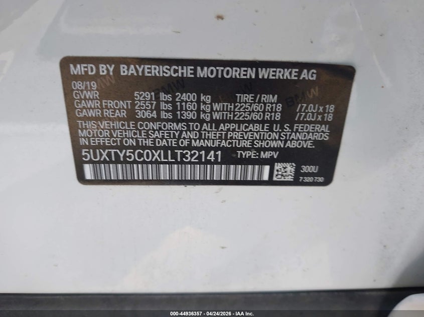 2020 BMW X3 VIN 5UXTY5C0XLLT32141 IAAI salvage auction — RIGHT SIDE, Salvage Title, sold $7,800 on 2026-07-29 (photo 9)