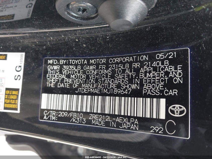 2021 Toyota Corolla VIN JTDEPMAE1MJ189647 IAAI salvage auction — FRONT & REAR, Salvage (Illinois), sold $5,350 on 2026-07-07 (photo 9)