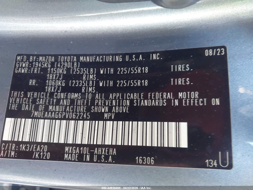 2023 Toyota Corolla cross VIN 7MUEAAAG6PV062245 IAAI salvage auction — INTERIOR BURN, Salvage (Alabama), sold $5,100 on 2026-07-15 (photo 9)