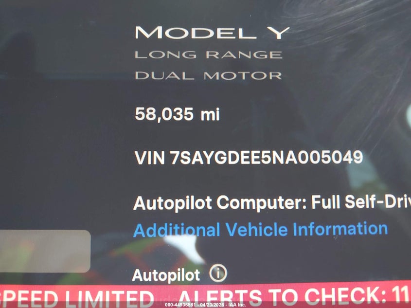 2022 Tesla Model y VIN 7SAYGDEE5NA005049 IAAI salvage auction — REAR END, Salvage Title, sold $11,150 on 2026-07-20 (photo 7)