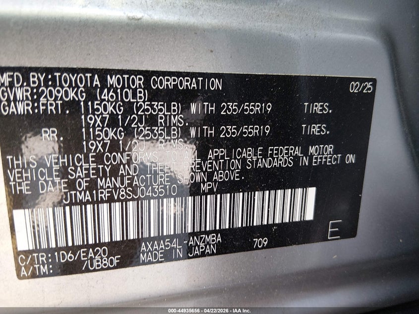 2025 Toyota Rav 4 VIN JTMA1RFV8SJ043510 IAAI salvage auction — FRONT END, Salvage Title, sold $14,175 on 2026-07-17 (photo 9)