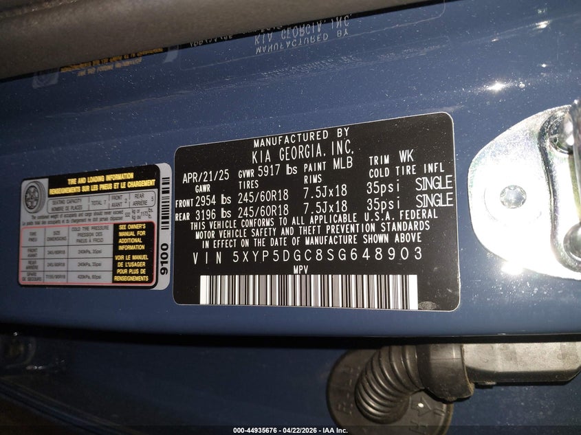 2025 Kia Telluride VIN 5XYP5DGC8SG648903 IAAI salvage auction — LEFT REAR, Salvage (Oregon), sold $20,250 on 2026-07-13 (photo 9)