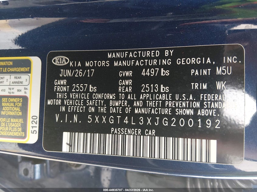 2018 Kia Optima VIN 5XXGT4L3XJG200192 IAAI salvage auction — LEFT SIDE, Original (Texas), sold $3,000 on 2026-07-16 (photo 9)