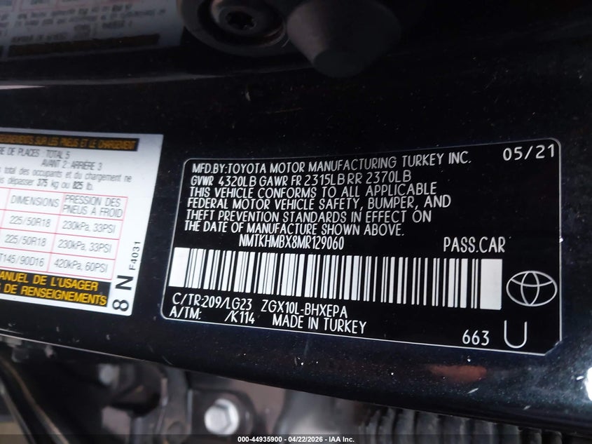 2021 Toyota C-hr VIN NMTKHMBX8MR129060 IAAI salvage auction — FRONT END, Non-Repairable (California), sold $2,000 on 2026-07-16 (photo 9)