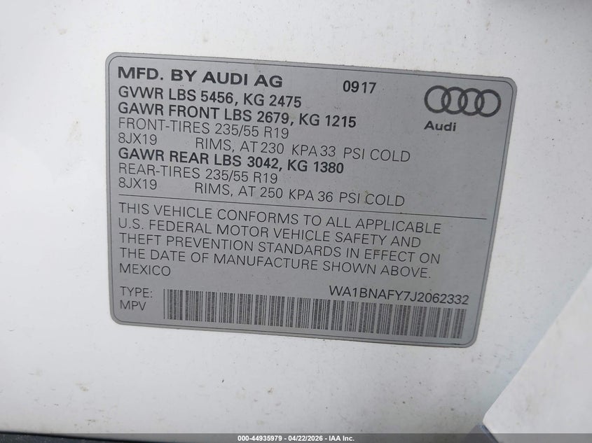 2018 Audi Q5 VIN WA1BNAFY7J2062332 IAAI salvage auction — FRONT & REAR, Clear (Massachusetts), sold $5,450 on 2026-07-07 (photo 9)