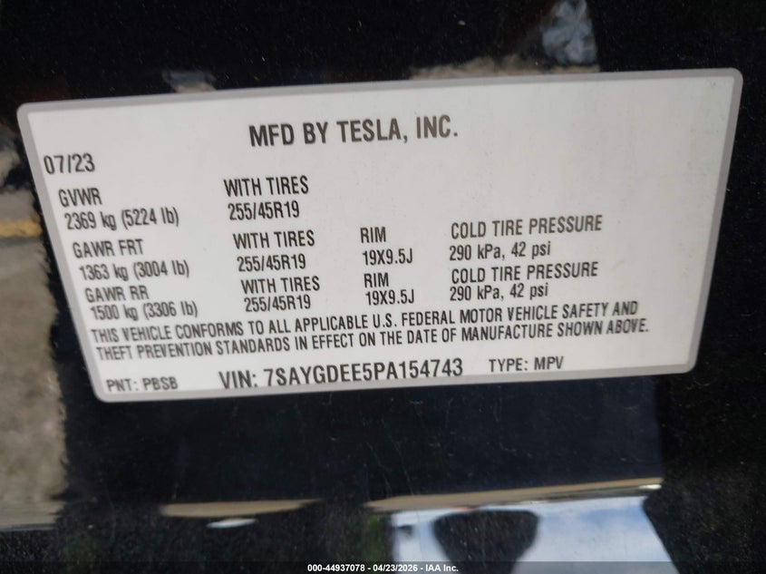 2023 Tesla Model y VIN 7SAYGDEE5PA154743 IAAI salvage auction — FRONT END, Wait Title, sold $8,200 on 2026-07-28 (photo 9)