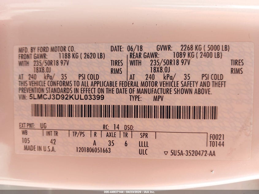 2019 Lincoln Mkc VIN 5LMCJ3D92KUL03399 IAAI salvage auction — FRONT END, Salvage Title, sold $2,600 on 2026-07-17 (photo 9)