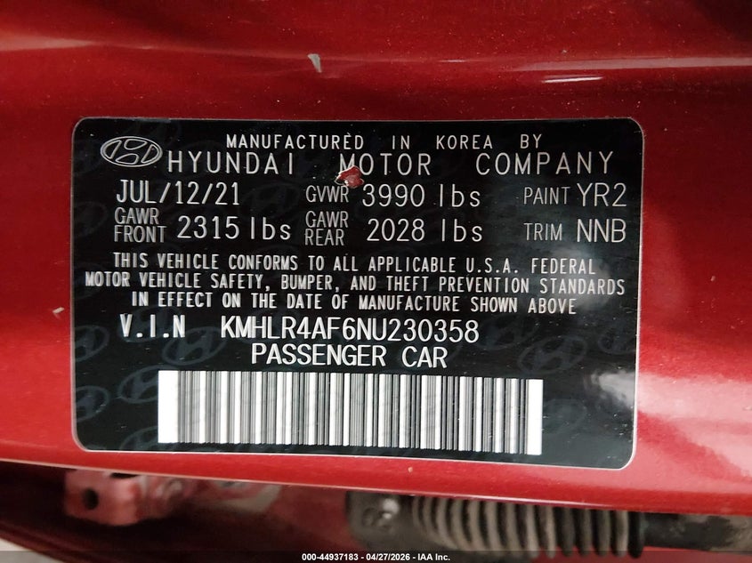 2022 Hyundai Elantra VIN KMHLR4AF6NU230358 IAAI salvage auction — FRONT END, Salvage (Idaho), sold $3,075 on 2026-07-10 (photo 9)