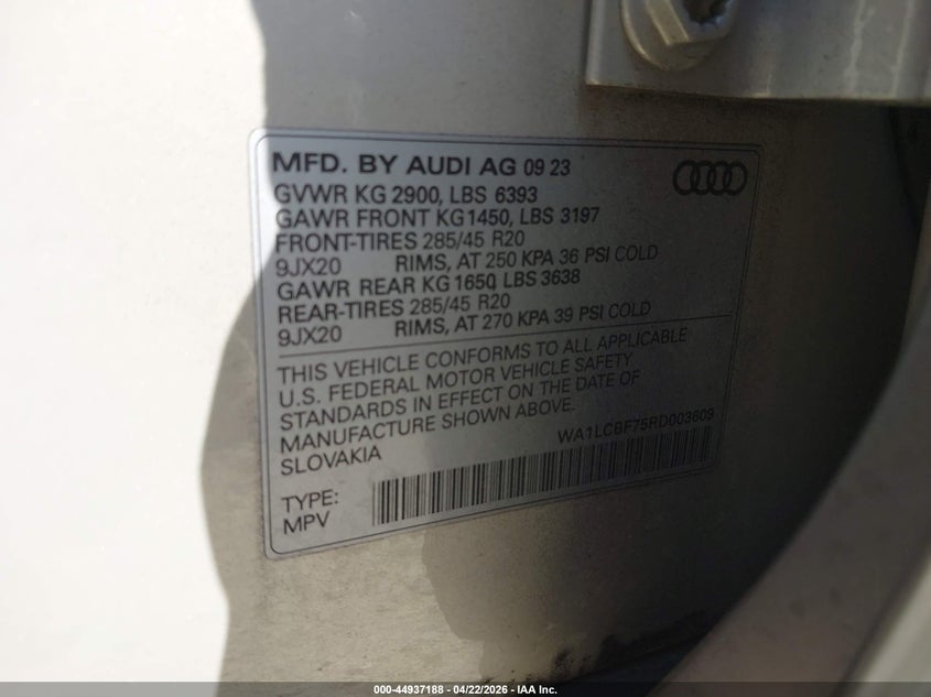 2024 Audi Q7 VIN WA1LCBF75RD003609 IAAI salvage auction — REAR END, Wait Title, sold $30,000 on 2026-07-16 (photo 9)