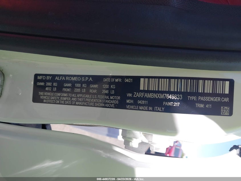 2021 Alfa romeo Giulia VIN ZARFAMBNXM7649833 IAAI salvage auction — FRONT END, Wait Title, sold $500 on 2026-07-24 (photo 9)