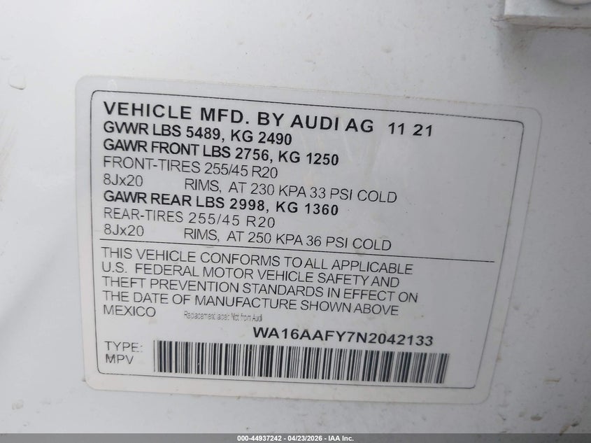 2022 Audi Q5 sportback VIN WA16AAFY7N2042133 IAAI salvage auction — FRONT END, Original (Texas), sold $12,450 on 2026-07-21 (photo 9)