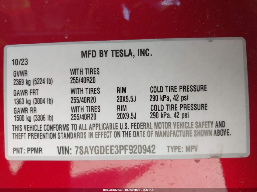 2023 Tesla Model y VIN 7SAYGDEE3PF920942 IAAI salvage auction — FRONT END, Wait Title, sold $5,500 on 2026-07-16 (photo 9)