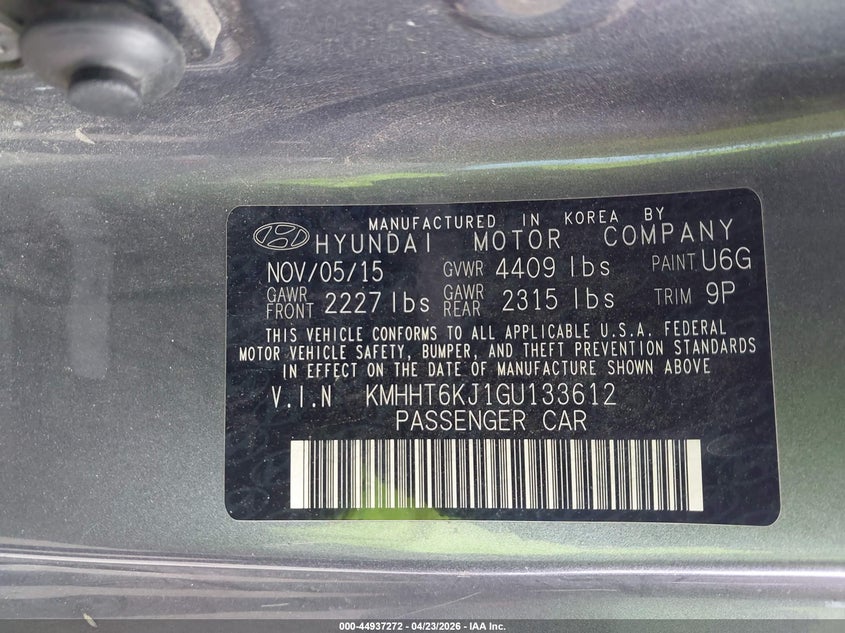 2016 Hyundai Genesis VIN KMHHT6KJ1GU133612 IAAI salvage auction — FRONT END, Original (Texas), sold $675 on 2026-07-22 (photo 9)