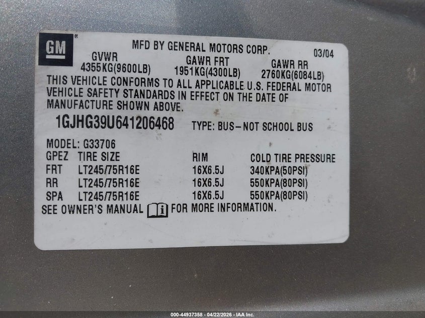 2004 Gmc Savana VIN 1GJHG39U641206468 IAAI salvage auction — REAR END, Salvage (Illinois), sold $850 on 2026-07-09 (photo 9)