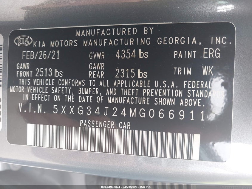 2021 Kia K5 VIN 5XXG34J24MG066911 IAAI salvage auction — FRONT END, Salvage Title, sold $6,900 on 2026-07-10 (photo 9)