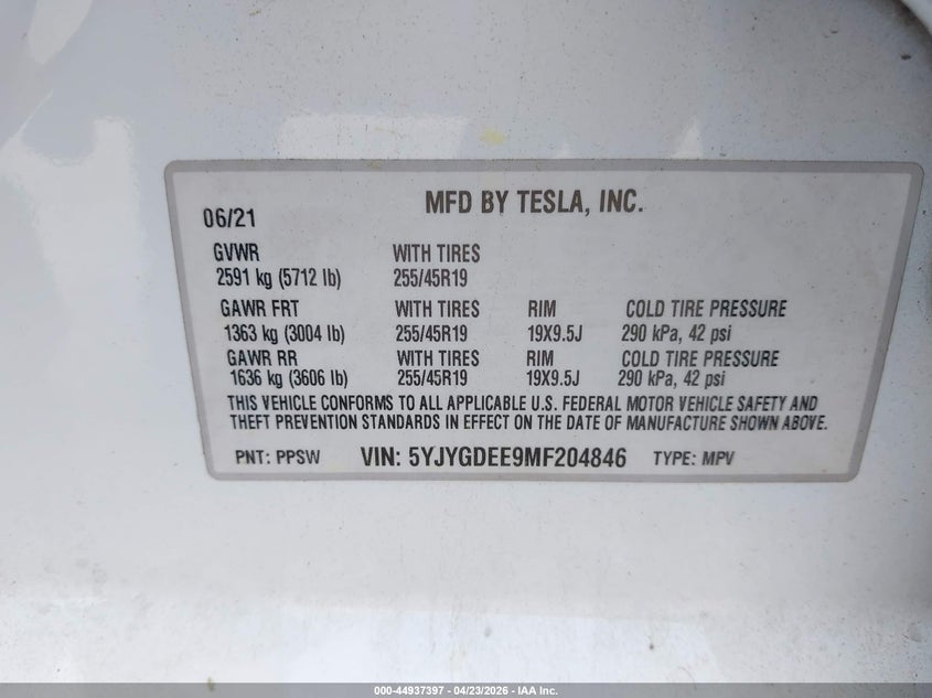 2021 Tesla Model y VIN 5YJYGDEE9MF204846 IAAI salvage auction — REAR END, Salvage Title, sold $9,900 on 2026-07-30 (photo 9)