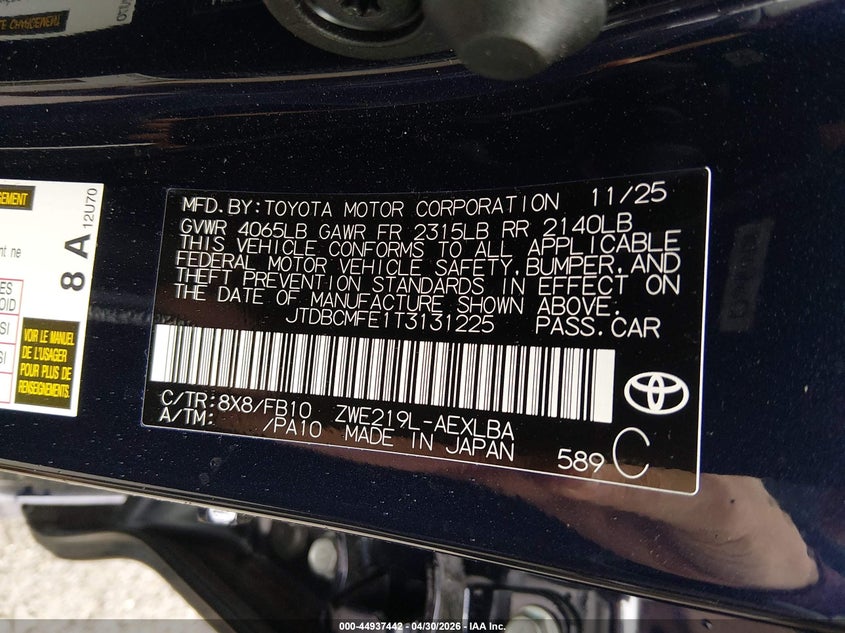 2026 Toyota Corolla VIN JTDBCMFE1T3131225 IAAI salvage auction — LEFT FRONT, Salvage (Massachusetts), sold $8,100 on 2026-07-17 (photo 9)