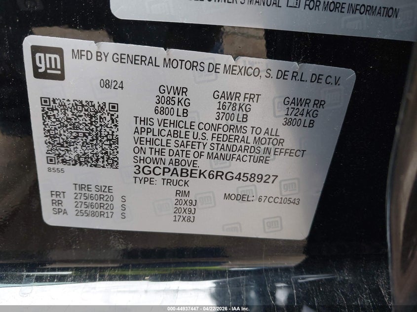 2024 Chevrolet Silverado VIN 3GCPABEK6RG458927 IAAI salvage auction — REAR END, Salvage (Texas), sold $10,600 on 2026-08-01 (photo 9)