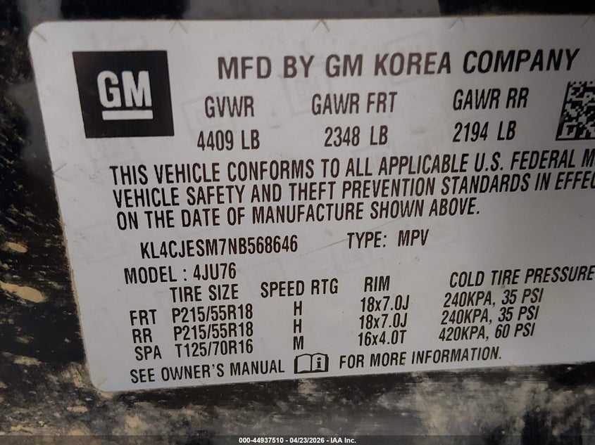 2022 Buick Encore VIN KL4CJESM7NB568646 IAAI salvage auction — FRONT END, Wait Title, sold $25 on 2026-07-13 (photo 9)