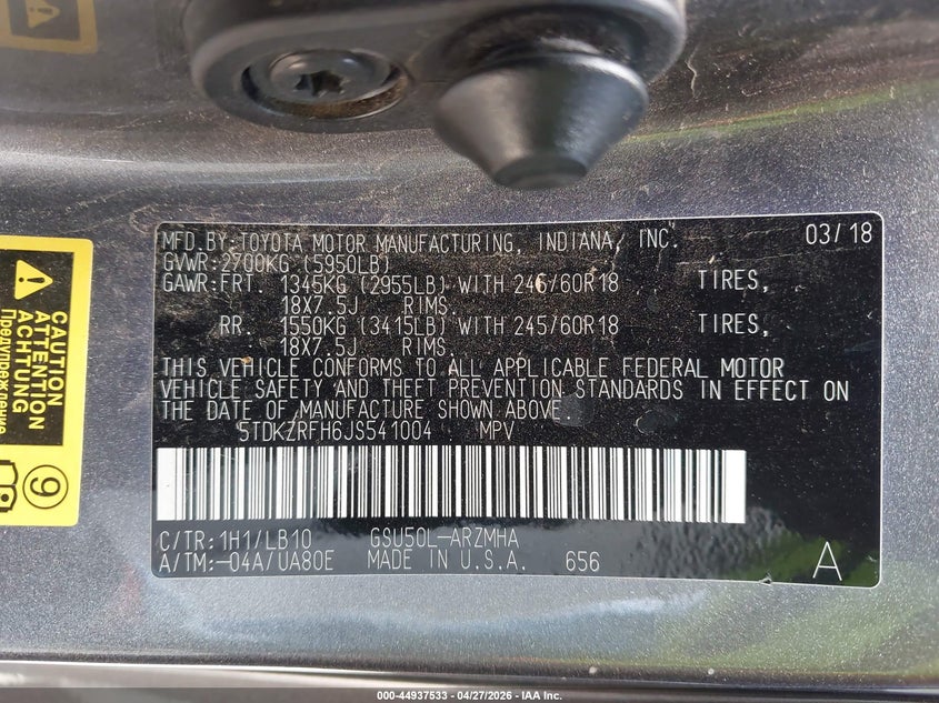 2018 Toyota Highlander VIN 5TDKZRFH6JS541004 IAAI salvage auction — FRONT END, Salvage Title, sold $5,000 on 2026-07-11 (photo 9)