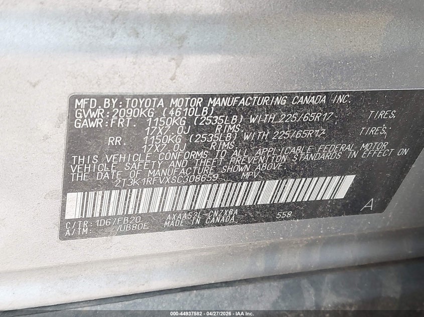 2025 Toyota Rav4 VIN 2T3K1RFVXSC308659 IAAI salvage auction — REAR END, Salvage (North Carolina), sold $8,800 on 2026-07-30 (photo 9)