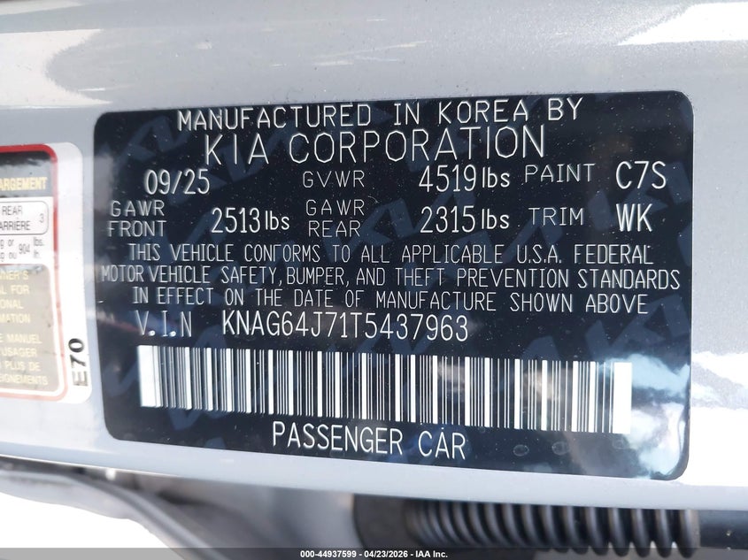 2026 Kia K5 VIN KNAG64J71T5437963 IAAI salvage auction — SIDE, Wait Title, sold $11,650 on 2026-07-16 (photo 9)