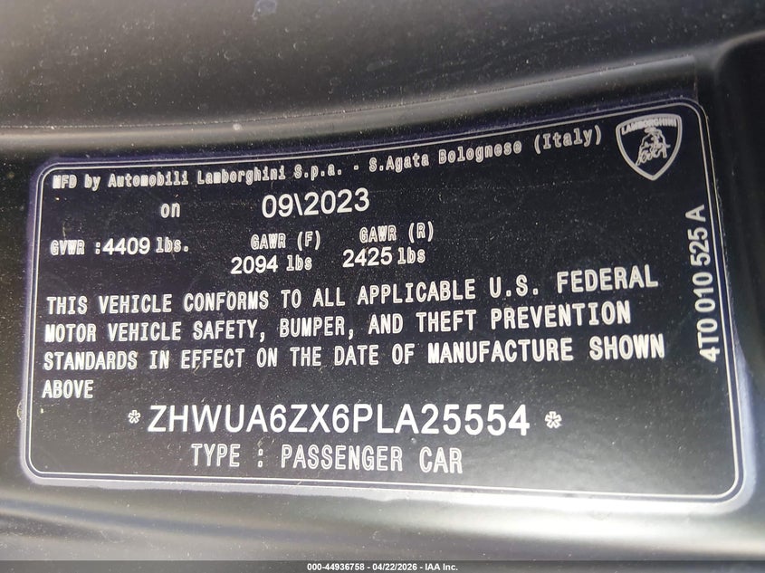 2023 Lamborghini Huracan VIN ZHWUA6ZX6PLA25554 IAAI salvage auction — REAR END, Salvage (Montana), sold $106,000 on 2026-07-22 (photo 9)