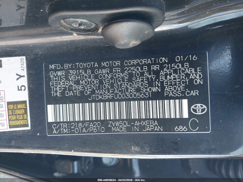 2016 Toyota Prius VIN JTDKBRFU0G3005631 IAAI salvage auction — FRONT END, Non-Repairable (California), sold $800 on 2026-07-15 (photo 9)