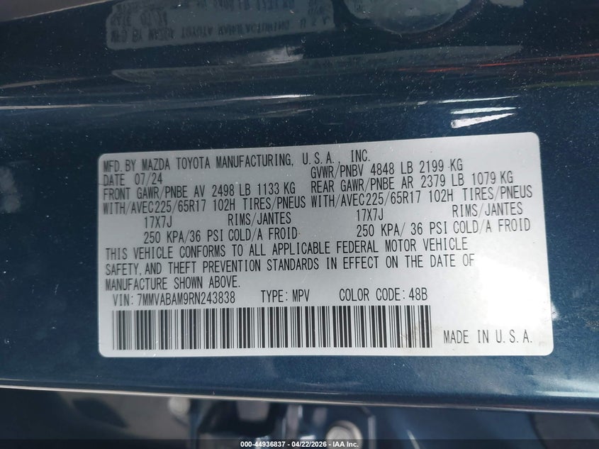 2024 Mazda Cx-50 VIN 7MMVABAM9RN243838 IAAI salvage auction — FRONT END, Mv-907A (New York), sold $6,950 on 2026-07-07 (photo 9)