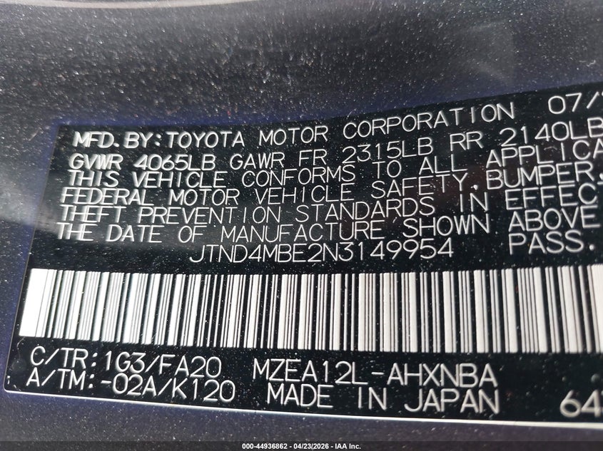 2022 Toyota Corolla VIN JTND4MBE2N3149954 IAAI salvage auction — FRONT & REAR, Original (Texas), sold $3,250 on 2026-07-13 (photo 9)