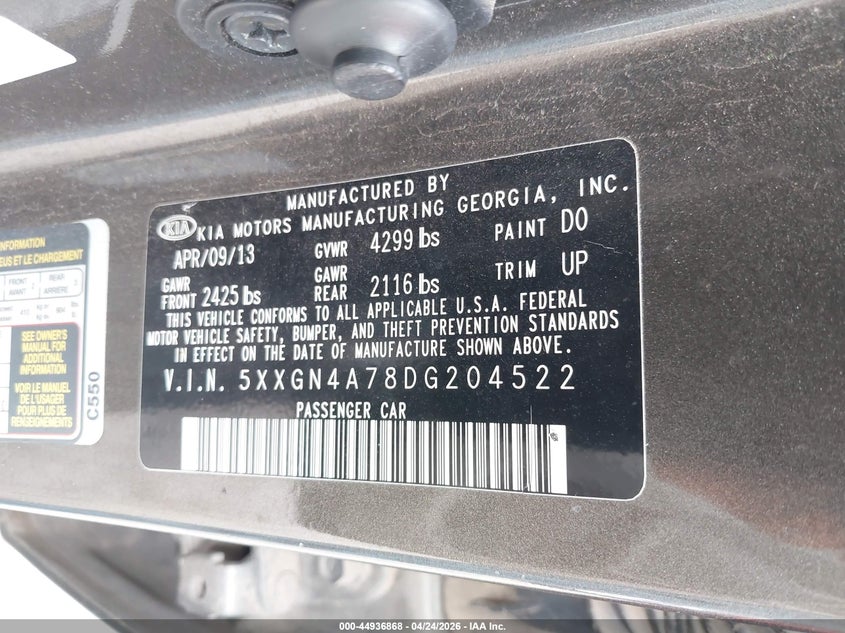 2013 Kia Optima VIN 5XXGN4A78DG204522 IAAI salvage auction — LEFT & RIGHT, Salvage Title, sold $925 on 2026-07-29 (photo 9)