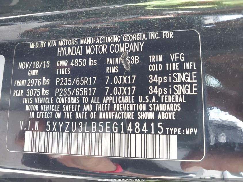 2014 Hyundai Santa fe VIN 5XYZU3LB5EG148415 IAAI salvage auction — HAIL, Salvage (Iowa), sold $2,900 on 2026-07-06 (photo 9)