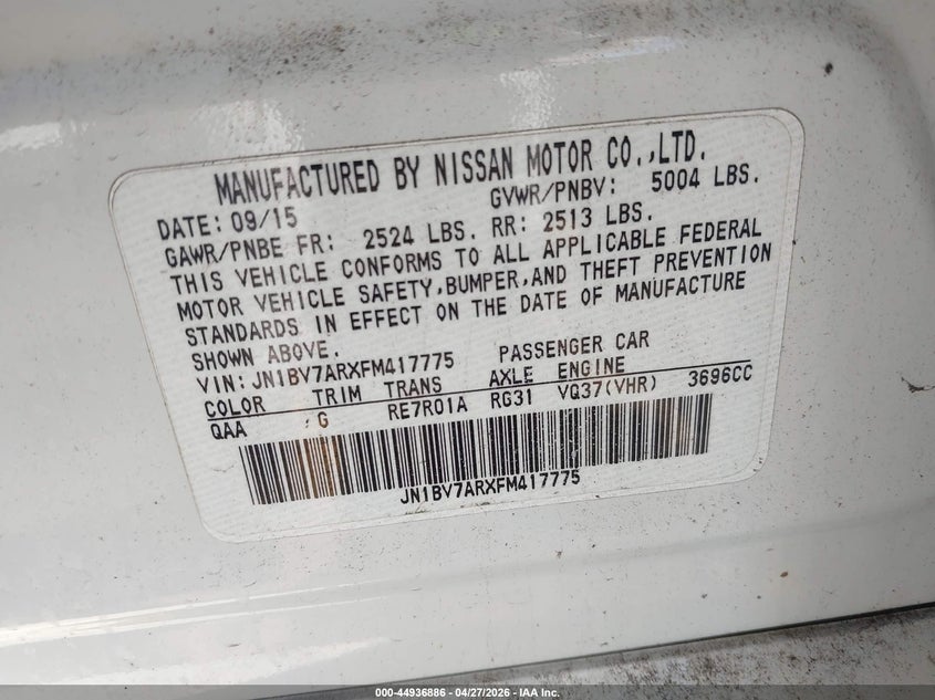 2015 Infiniti Q50 VIN JN1BV7ARXFM417775 IAAI salvage auction — RIGHT SIDE, Mv-907A (New York), sold $2,000 on 2026-07-07 (photo 9)
