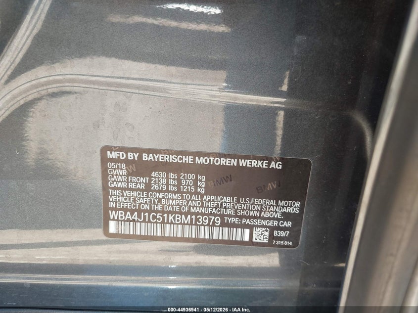 2019 BMW 4 series VIN WBA4J1C51KBM13979 IAAI salvage auction — FRONT END, Clear (Oklahoma), sold $6,225 on 2026-07-29 (photo 9)