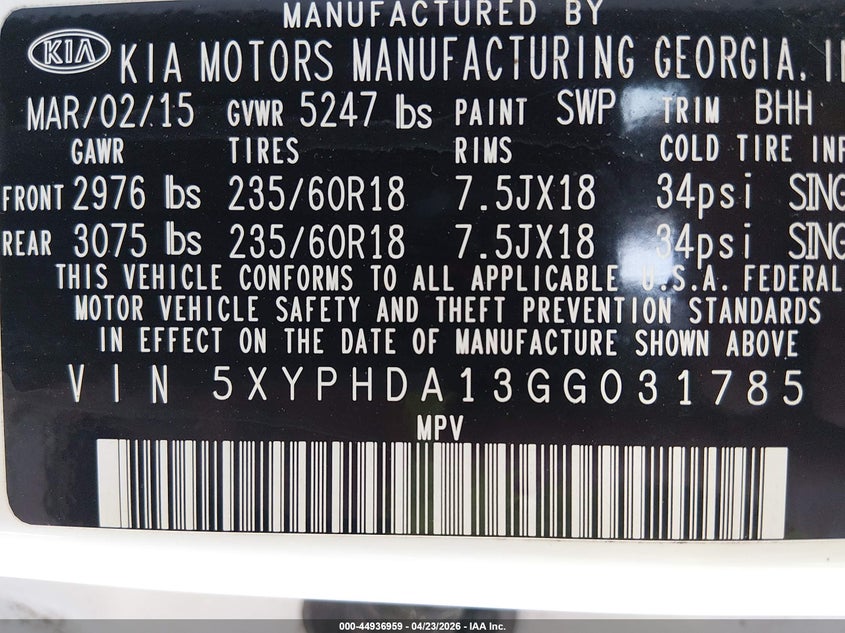 2016 Kia Sorento VIN 5XYPHDA13GG031785 IAAI salvage auction — RIGHT SIDE, Salvage (North Carolina), sold $1,825 on 2026-07-08 (photo 9)