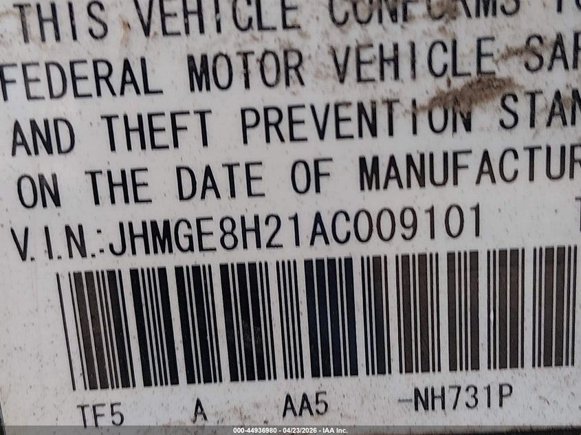 2010 Honda Fit VIN JHMGE8H21AC009101 IAAI salvage auction — ROLLOVER, Salvage (Colorado), sold $325 on 2026-07-22 (photo 9)