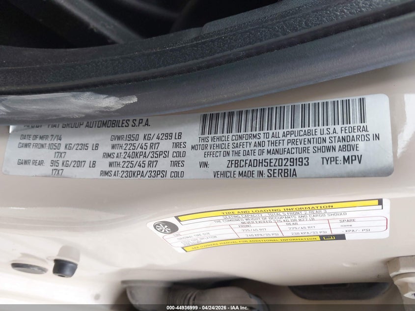 2014 Fiat 500l VIN ZFBCFADH5EZ029193 IAAI salvage auction — FRONT & REAR, Salvage Title, sold $425 on 2026-07-14 (photo 9)