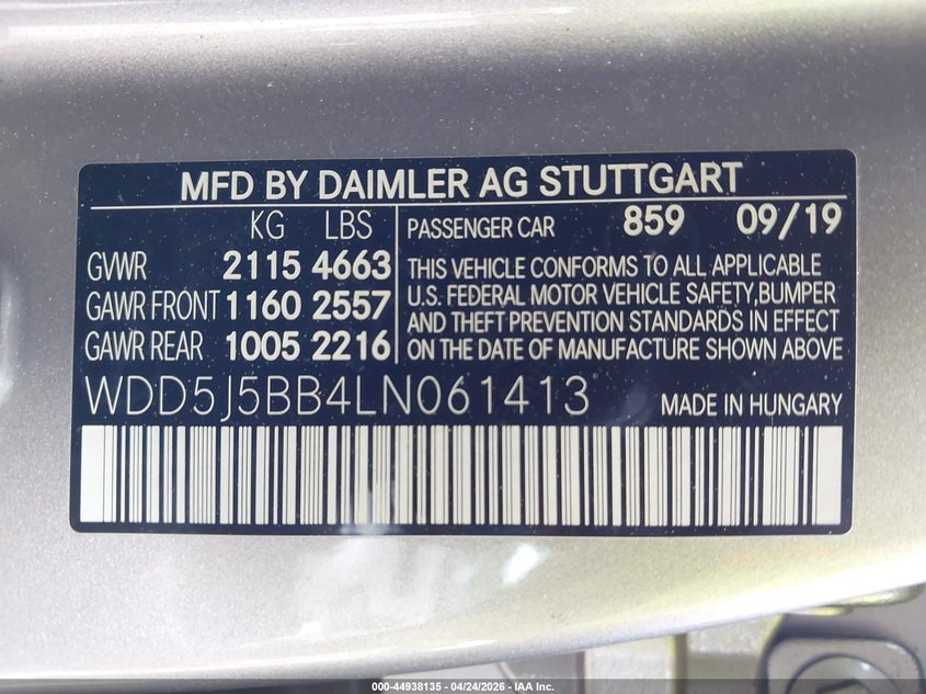 2020 Mercedes-benz VIN WDD5J5BB4LN061413 IAAI salvage auction — REAR END, Salvage Title, sold $12,600 on 2026-07-11 (photo 9)