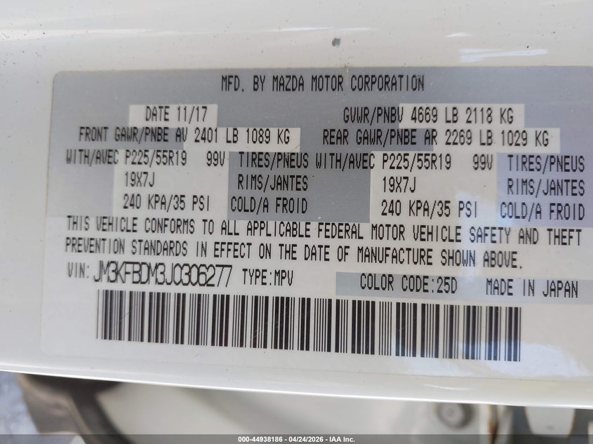 2018 Mazda Cx-5 VIN JM3KFBDM3J0306277 IAAI salvage auction — HAIL, Salvage (Iowa), sold $8,100 on 2026-07-06 (photo 9)