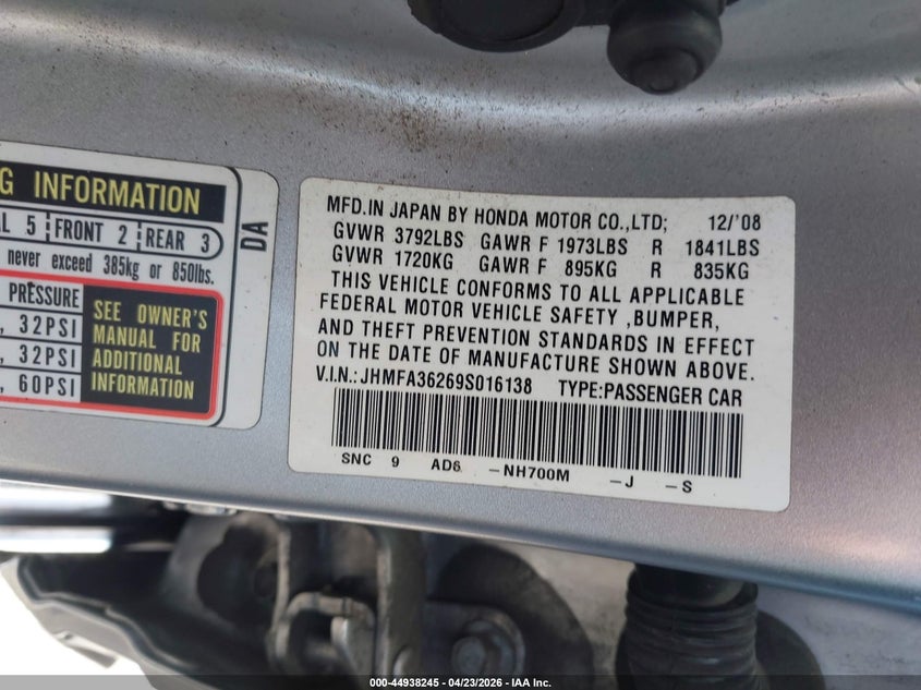 2009 Honda Civic VIN JHMFA36269S016138 IAAI salvage auction — REAR END, Salvage (California), sold $250 on 2026-07-23 (photo 9)