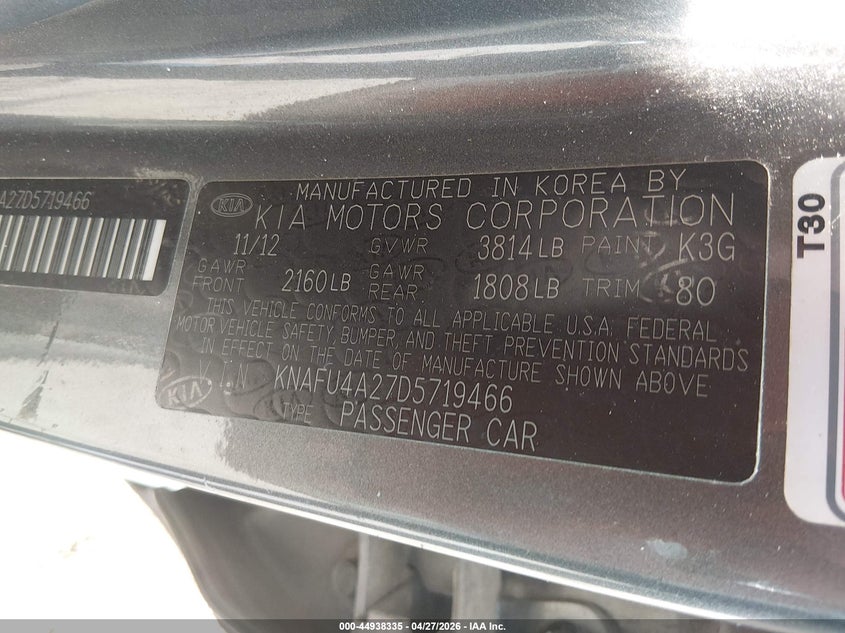 2013 Kia Forte VIN KNAFU4A27D5719466 IAAI salvage auction — FRONT END, Salvage (Mississippi), sold $625 on 2026-07-17 (photo 9)