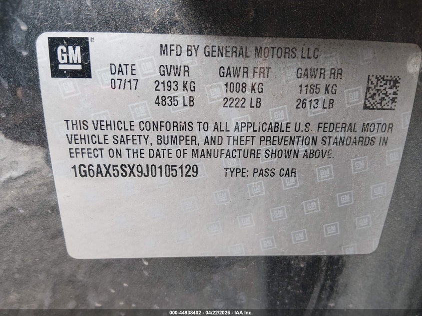 2018 Cadillac Cts VIN 1G6AX5SX9J0105129 IAAI salvage auction — FRONT END, Salvage (Montana), sold $1,600 on 2026-07-12 (photo 9)