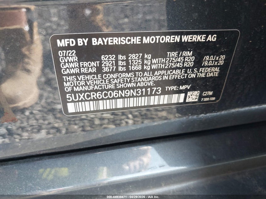 2022 BMW X5 VIN 5UXCR6C06N9N31173 IAAI salvage auction — FRONT END, Salvage Title, sold $21,975 on 2026-07-14 (photo 9)