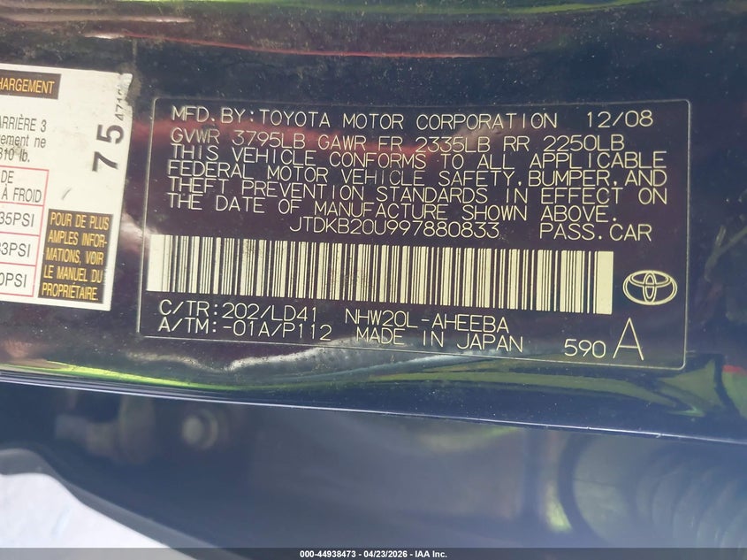 2009 Toyota Prius VIN JTDKB20U997880833 IAAI salvage auction — LEFT FRONT, Salvage (Arizona), sold $225 on 2026-07-07 (photo 9)