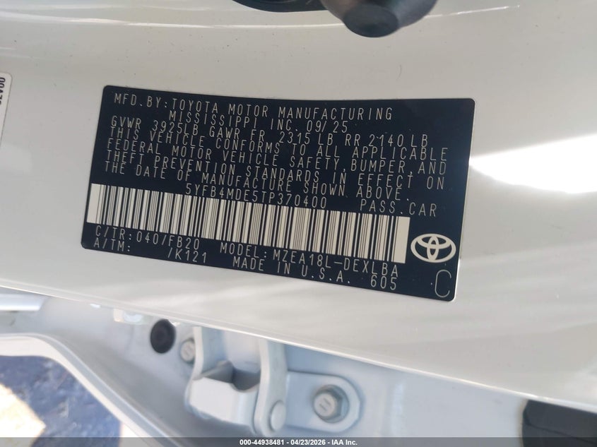 2026 Toyota Corolla VIN 5YFB4MDE5TP370400 IAAI salvage auction — FRONT END, Wait Title, sold $5,400 on 2026-07-27 (photo 9)