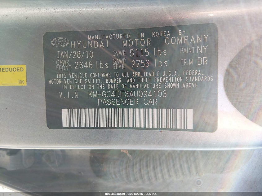 2010 Hyundai Genesis VIN KMHGC4DF3AU094103 IAAI salvage auction — NORMAL WEAR, Clear (Arkansas), sold $400 on 2026-07-30 (photo 9)