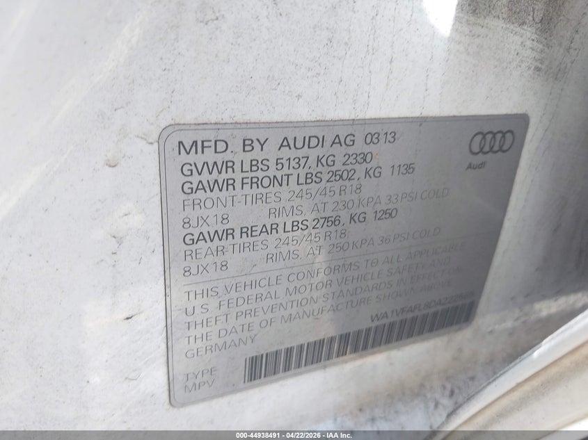 2013 Audi Allroad VIN WA1VFAFL8DA222565 IAAI salvage auction — RIGHT SIDE, Clear - Dealer Only (California), sold $2,000 on 2026-07-27 (photo 9)