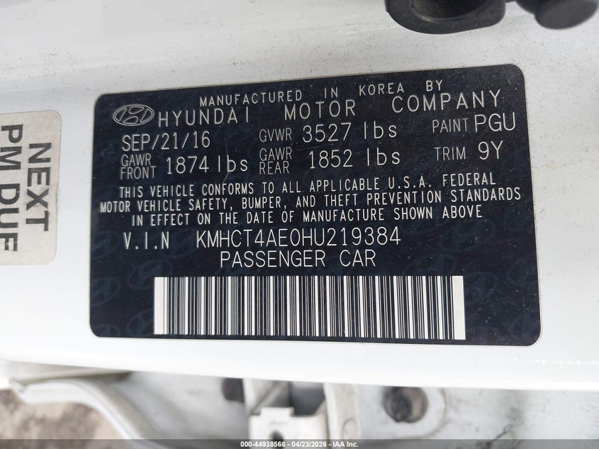 2017 Hyundai Accent VIN KMHCT4AE0HU219384 IAAI salvage auction — FRONT END, Salvage Title, sold $825 on 2026-07-16 (photo 9)