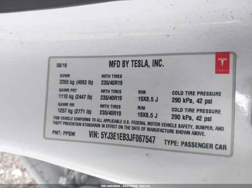 2018 Tesla Model 3 VIN 5YJ3E1EB3JF067547 IAAI salvage auction — FRONT END, Mv-907A (New York), sold $5,150 on 2026-07-09 (photo 9)